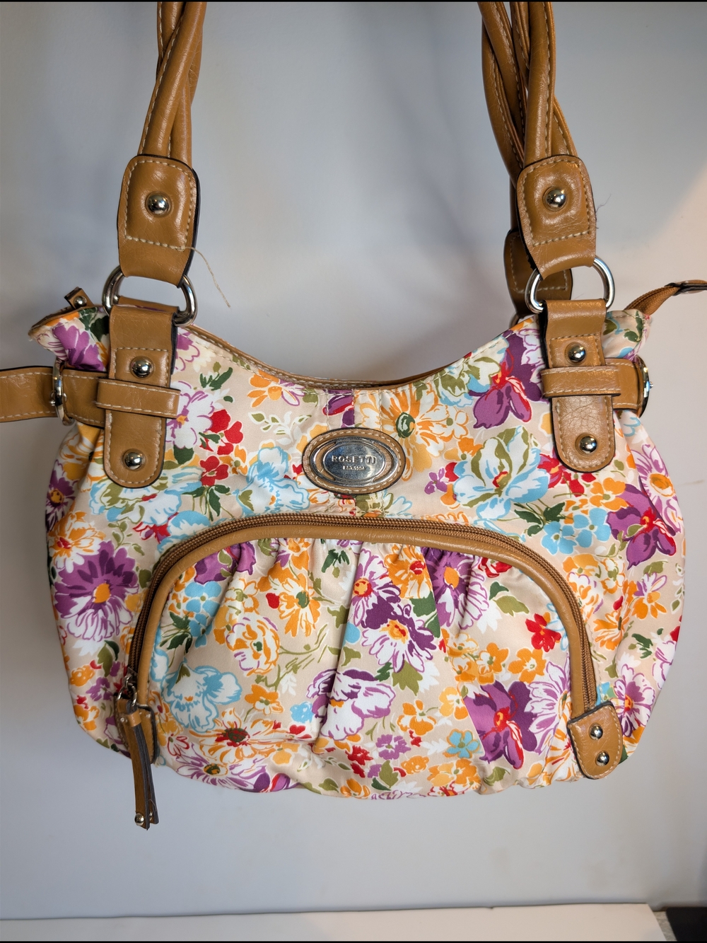 Rosetti Floral Multicolor Satchel W/Zip Top, Inner & Outer Pockets